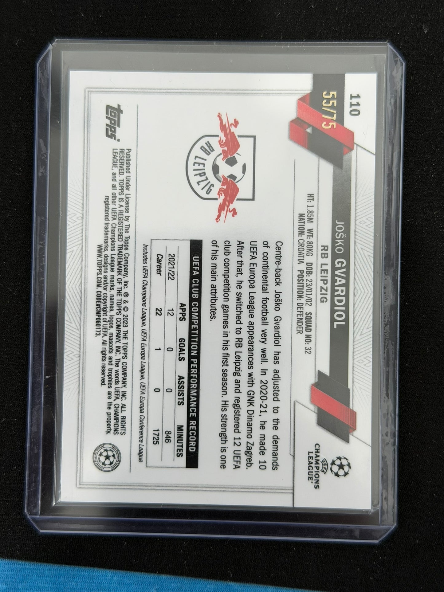 Josko Gvardiol 2022-23 Topps Chrome UEFA Blue & Gold Seismic /75