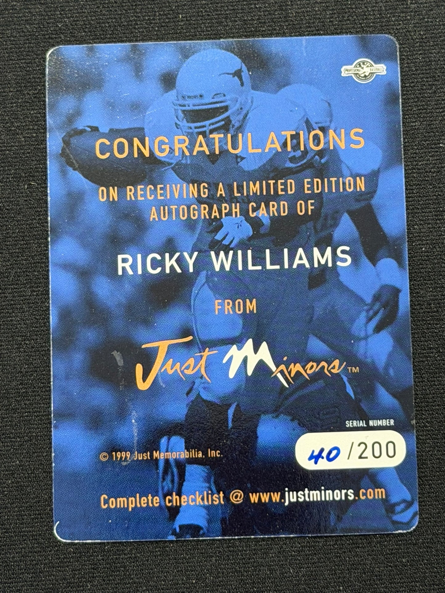 1999 Just Minors Auto Die-Cuts /200 Ricky Williams
