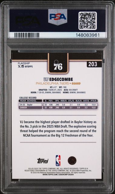 2025 TOPPS #203 VJ EDGECOMBE BLACKOUT ROOKIE PSA 9