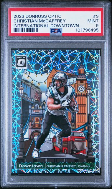 2023 PANINI DONRUSS OPTIC INTERNATIONAL DOWNTOWN #9 CHRISTIAN McCAFFREY PSA 9