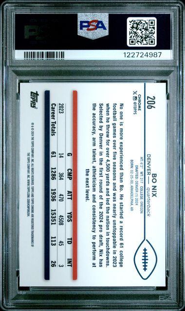 2024 TOPPS CHROME #206 BO NIX ROOKIE PSA 10