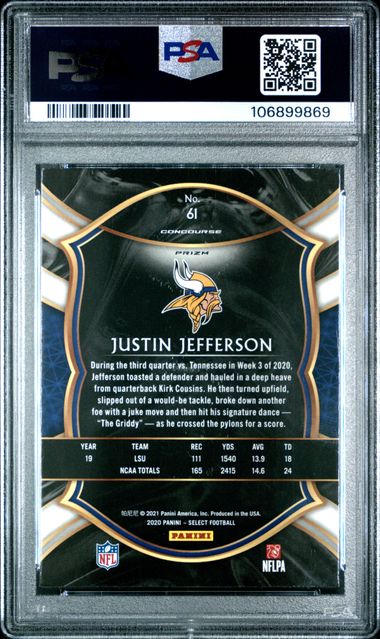 2020 PANINI SELECT #61 JUSTIN JEFFERSON SILVER PRIZM ROOKIE PSA 10