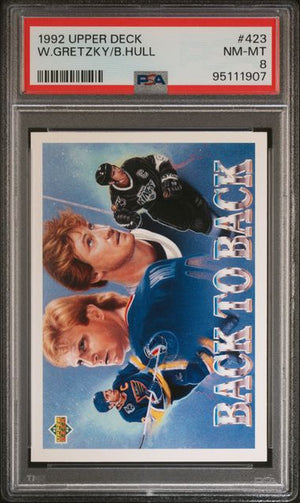 1992 UPPER DECK #423 WAYNE GRETZKY / BRETT HULL PSA 8