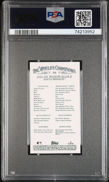 2022 TOPPS ALLEN & GINTER #269 JULIO RODRIGUEZ MINI-GOLD BORDER ROOKIE PSA 10