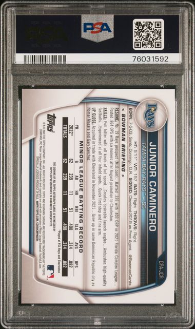 2023 Junior Caminero Bowman Chrome 1st Prospects Rookie Auto PSA 10 Rays