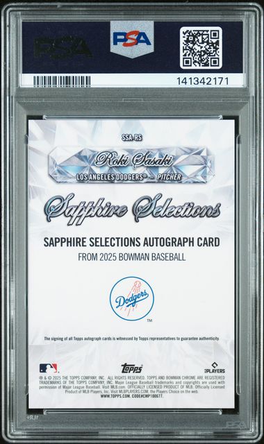 2025 BOWMAN CHROME SAPPHIRE SELECTIONS ROOKIE AUTO ROKI SASAKI PSA 10