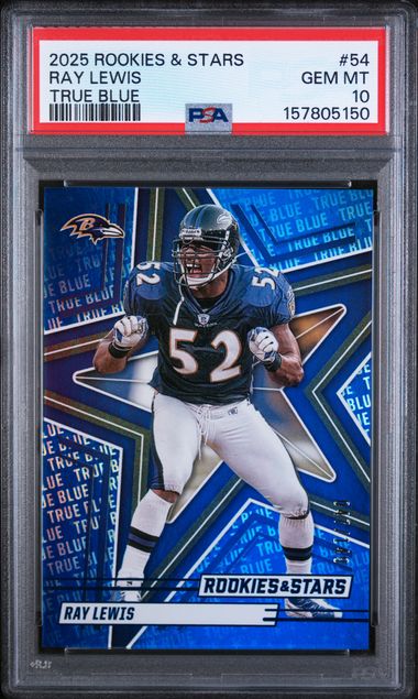 2025 PANINI ROOKIES & STARS #54 RAY LEWIS TRUE BLUE /149 PSA 10