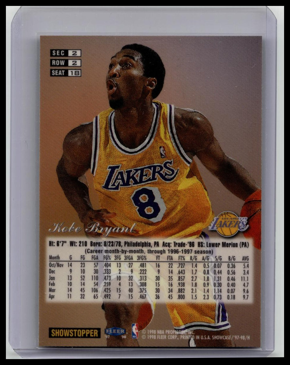 1997-98 Flair Showcase Kobe Bryant Showstopper Sec 2 Row 2 Seat 18