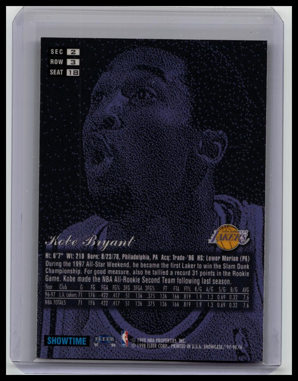 1997-98 Flair Showcase Kobe Bryant Sec 2 Row 3 Seat 18 Showtime LA Lakers