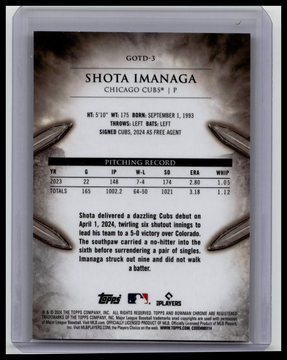 2024 Bowman Chrome Gladiators of the Diamond Refractor /150 Shota Imanaga Rookie