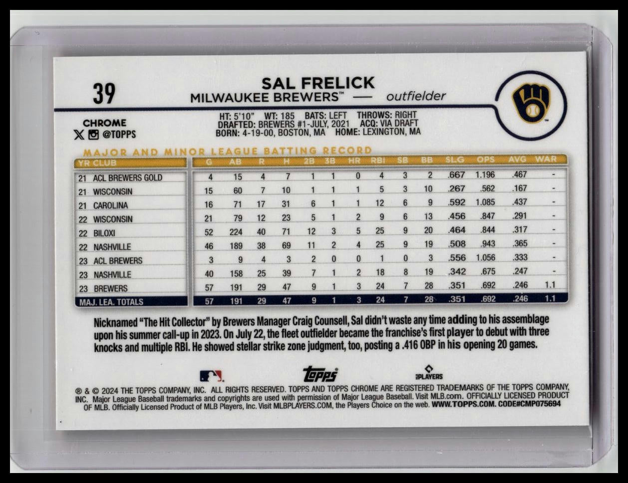 2024 Topps Chrome - Orange Refractor #39 Sal Frelick /25 Rookie RC