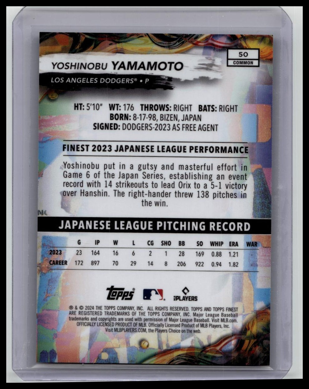 2024 Topps Finest Yoshinobu Yamamoto Purple Refractor RC 223/250 #50