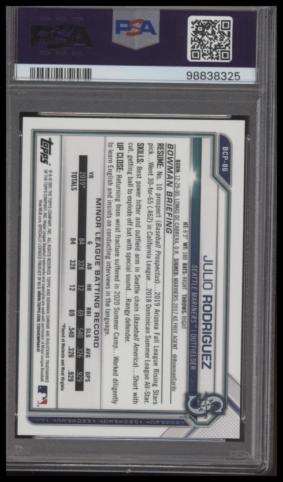 2021 Bowman Chrome Julio Rodriguez Blue Shimmer Refractor PSA 10 Mariners