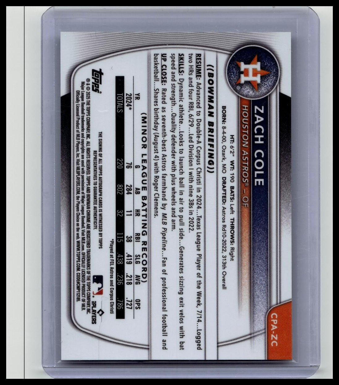 2025 Bowman Chrome Baseball Zach Cole Auto 1st #CPA-ZC Houston Astros