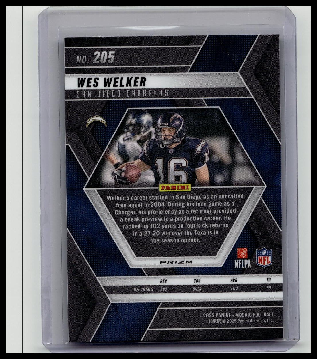 2025 Panini Mosaic Wes Welker Genesis Prizm #205 Chargers