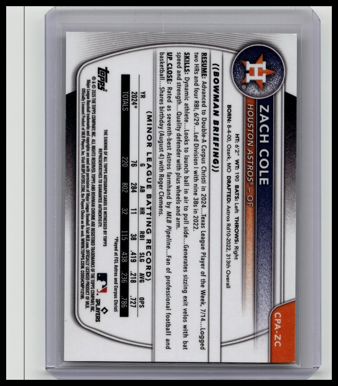 2025 Bowman Chrome Zach Cole Auto Reptilian Green Refractor 1st #/99 Astros