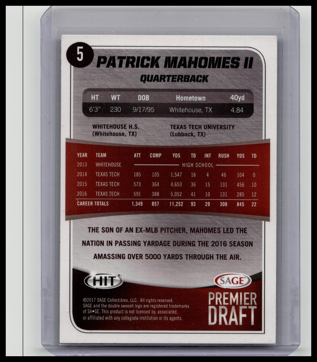 Patrick Mahomes Rookie Hit Blue Parralel Chiefs