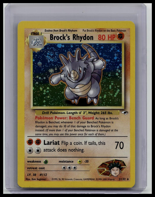 Brock's Rhydon 2/132 Holo Unlimited SWIRL NM Gym Heroes Pokemon TCG