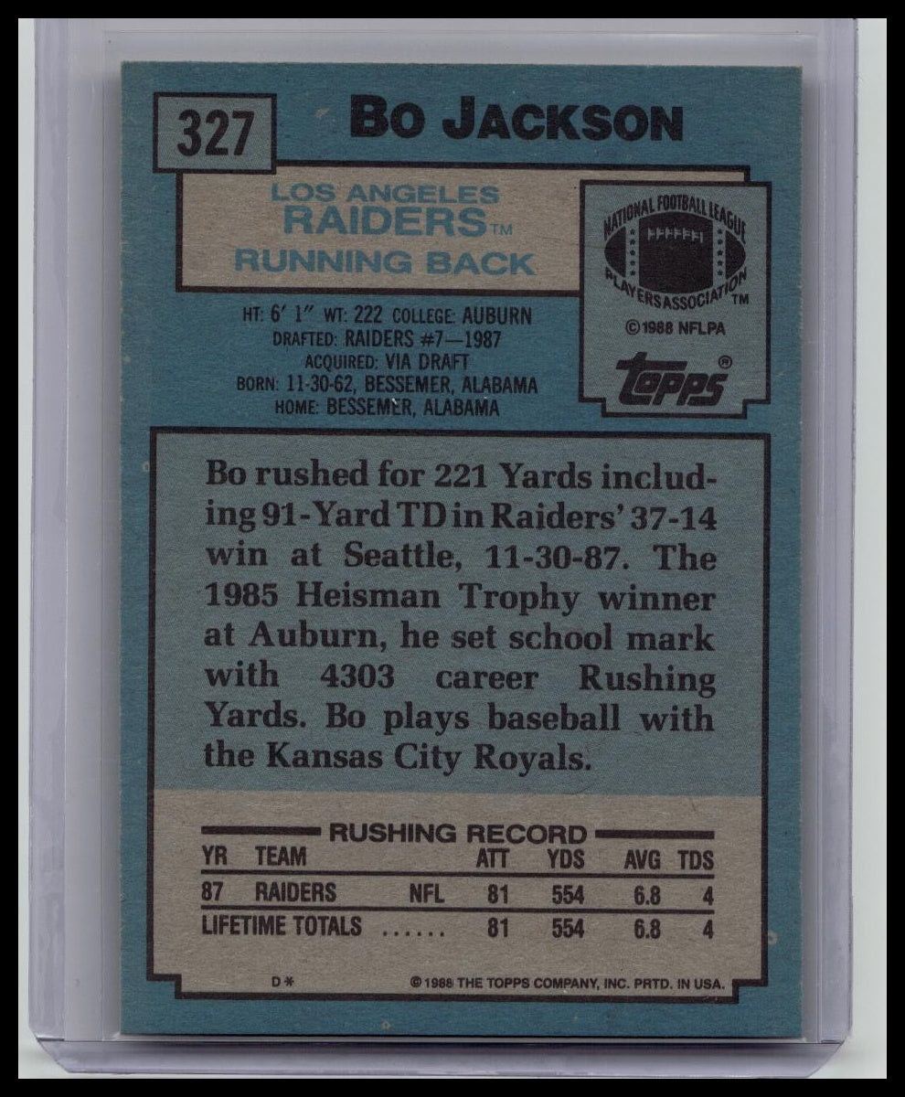 Topps 1988 Bo Jackson Super Rookie #327 Los Angeles Raiders NFL Football