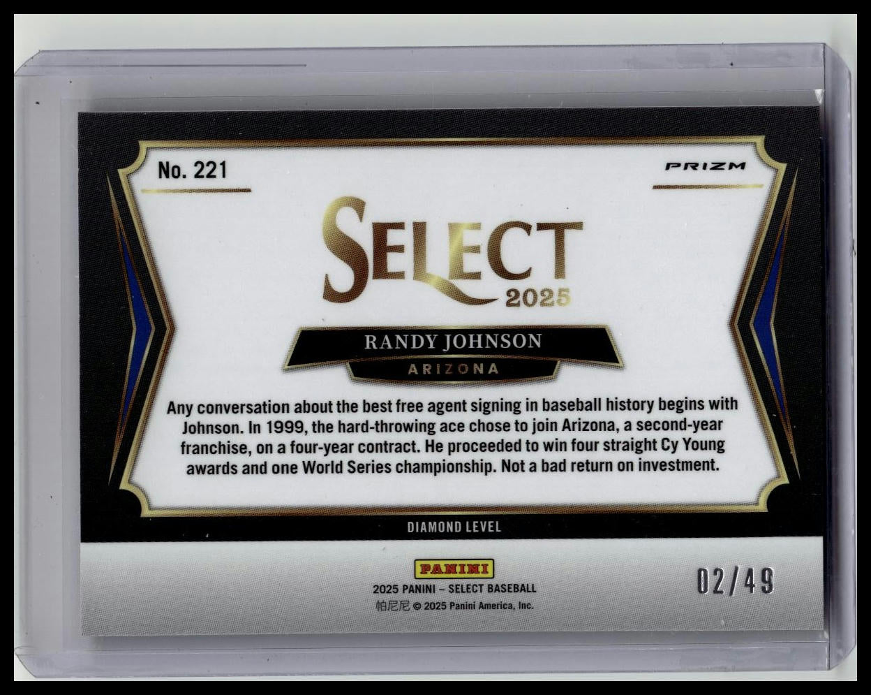2025 Panini Select Diamond Level Randy Johnson Arizona Bookend 02/49 #221