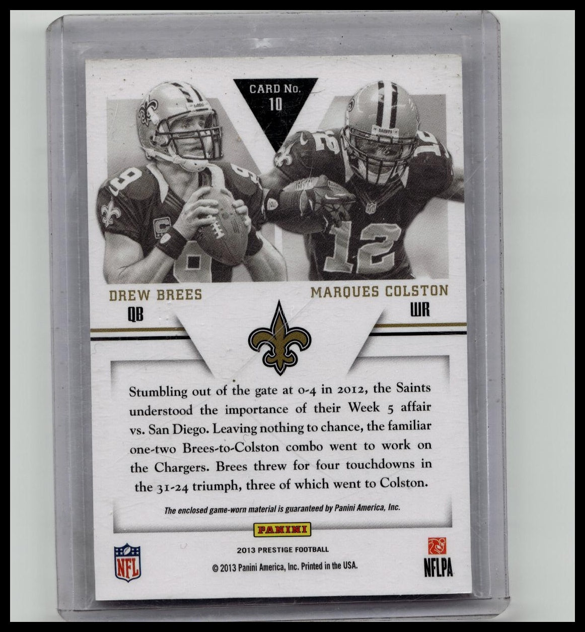 2013 Panini Prestige Connections Drew Brees Marques Colston GAME WORN /299