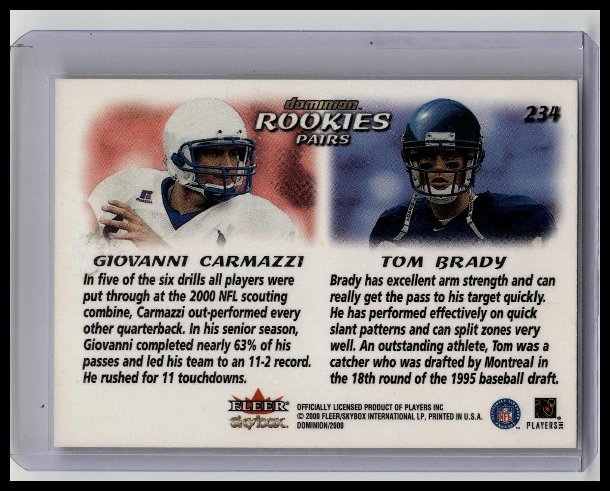 2000 Skybox Dominion - Rookies Pairs Tom Brady, Giovanni Carmazzi #234 (RC)