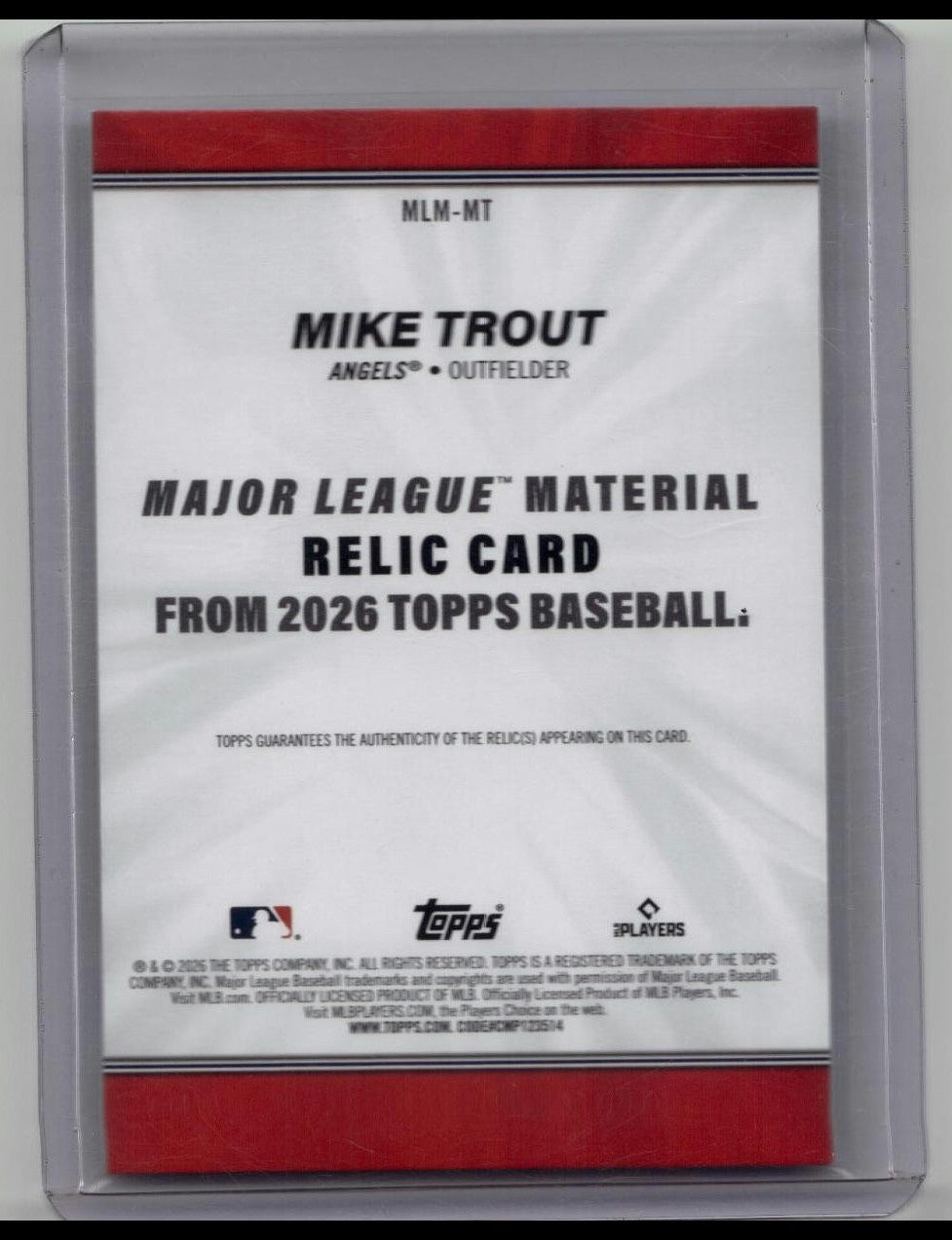 2026 Topps Series 1 Mike Trout Relic Card MLM-MT Game Used Memorabilia