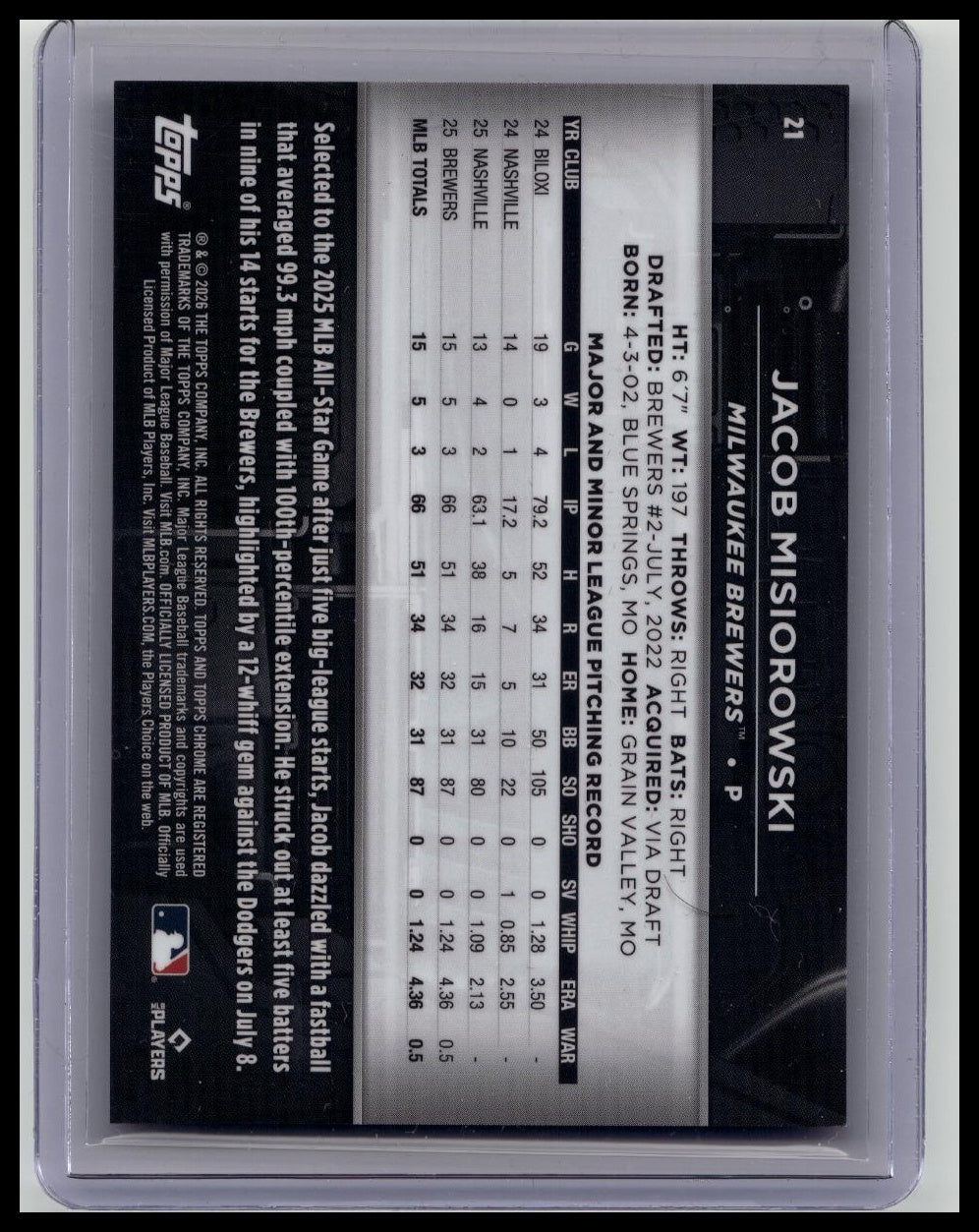 2026 Topps Chrome Black Jacob Misiorowski Rookie Variation Purple Ref. /75