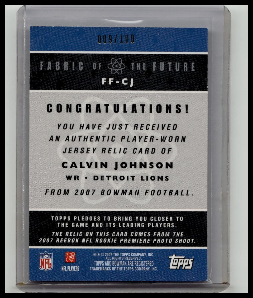 2007 Bowman Fabric of the Future Gold #'d /100 Calvin Johnson #FF-CJ Rookie RC