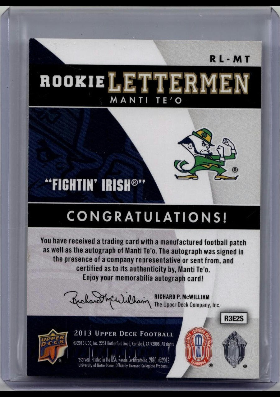 2013 Upper Deck Rookie Lettermen Manti Te'o RC /50 Auto! Notre Dame Irish!☘️
