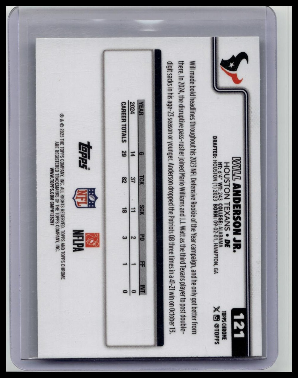 2025 Topps Chrome Will Anderson Jr #121 Football Leather Parallel GREEN /99