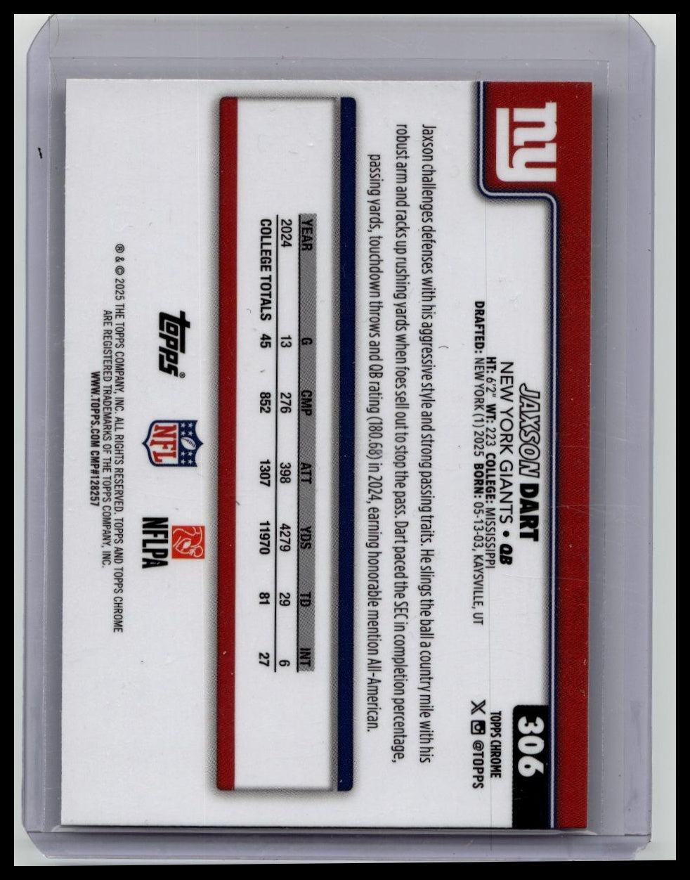 2025 Topps Chrome Jaxson Dart Red White & Blue Refractor Rookie NFL FB Card #306