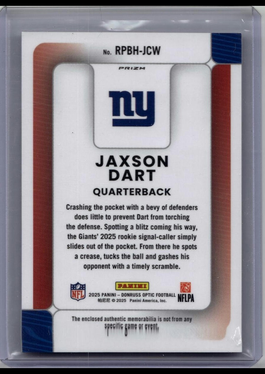 2025 Panini Donruss Optic Jaxson Dart Rookie RC Phenom Blue Hyper Jersey Relic