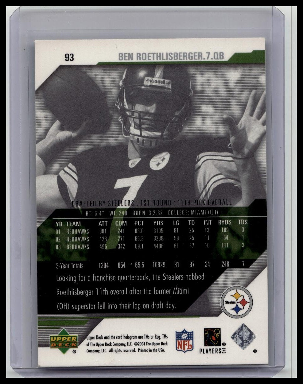 2004 Upper Deck Pro Sigs - 1st Class Rookie Ben Roethlisberger #93 (RC)