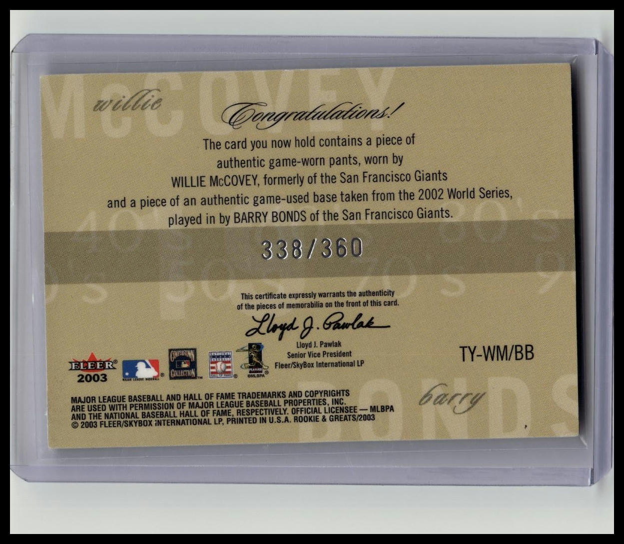 2003 Fleer Rookies Greats Barry Bonds Willie McCovey Game Used Jersey Base /360