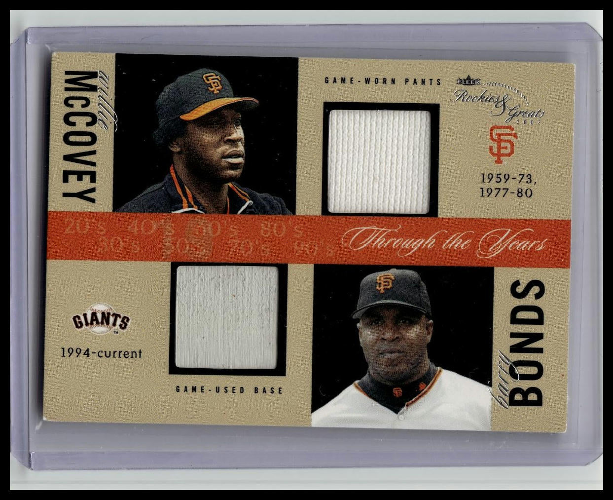 2003 Fleer Rookies Greats Barry Bonds Willie McCovey Game Used Jersey Base /360