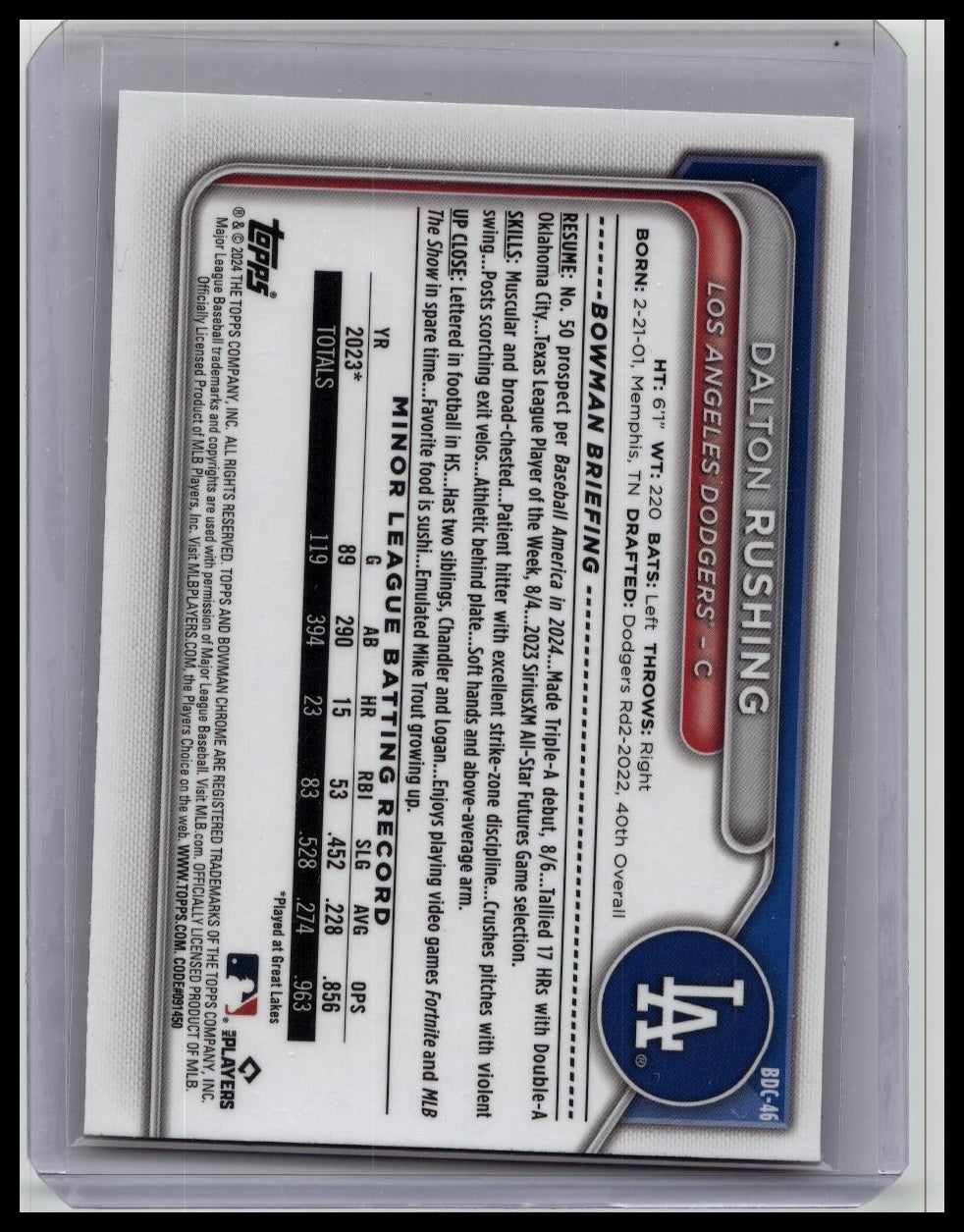 Dalton Rushing 2024 Bowman Chrome Draft #BDC-46 Yellow Lunar Refractor /75