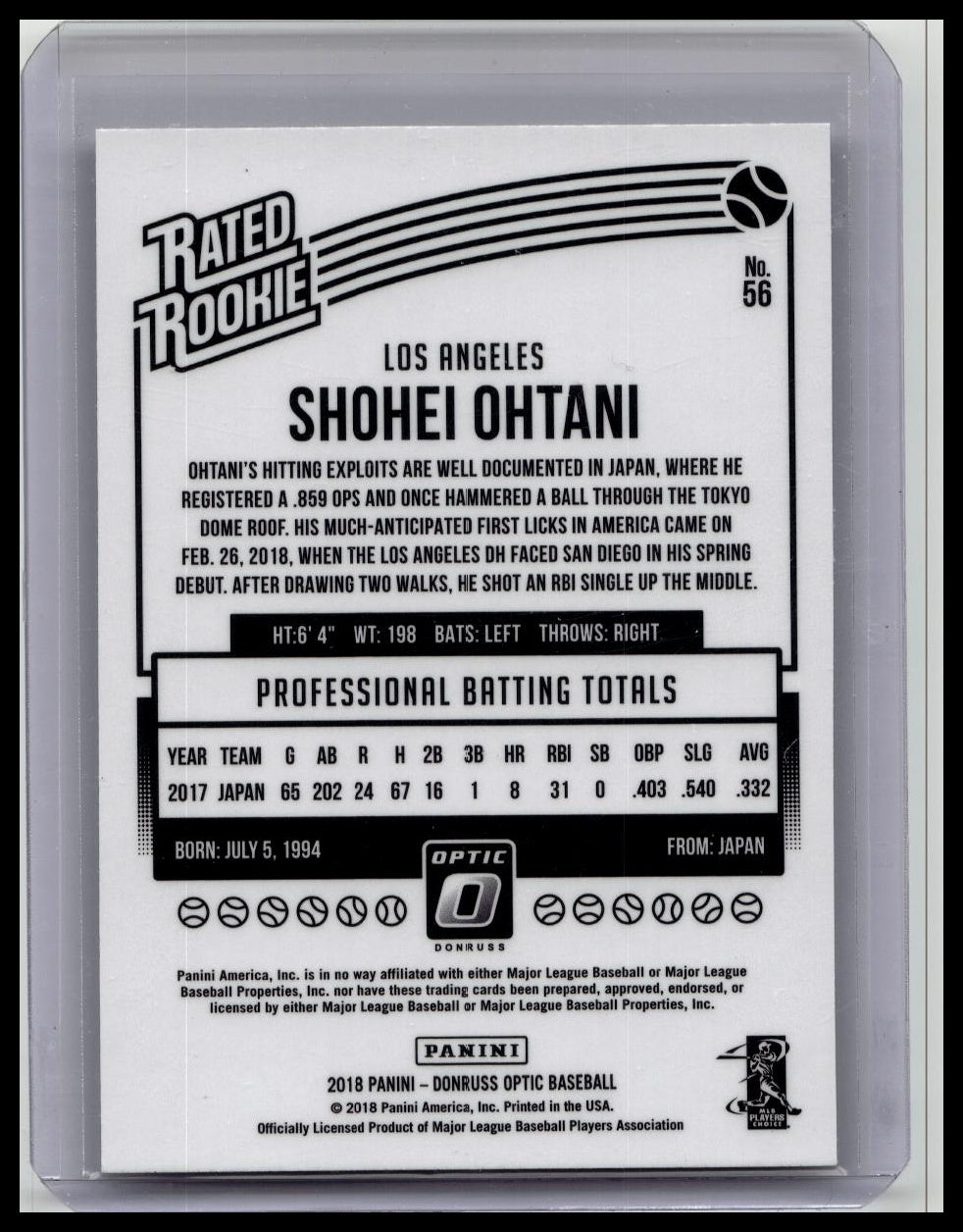 2018 Panini - Donruss Optic Rated Rookie Shohei Ohtani #56 Running Rookie Card RC
