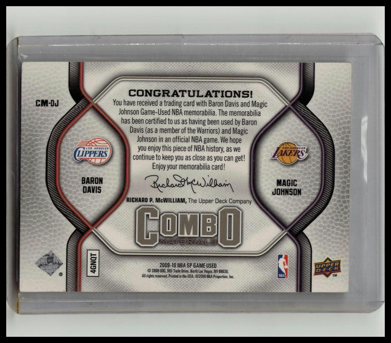 Magic Johnson & Baron Davis 2009-10 Upper Deck SP Game-Used #CM-DJ 002/155 Patch