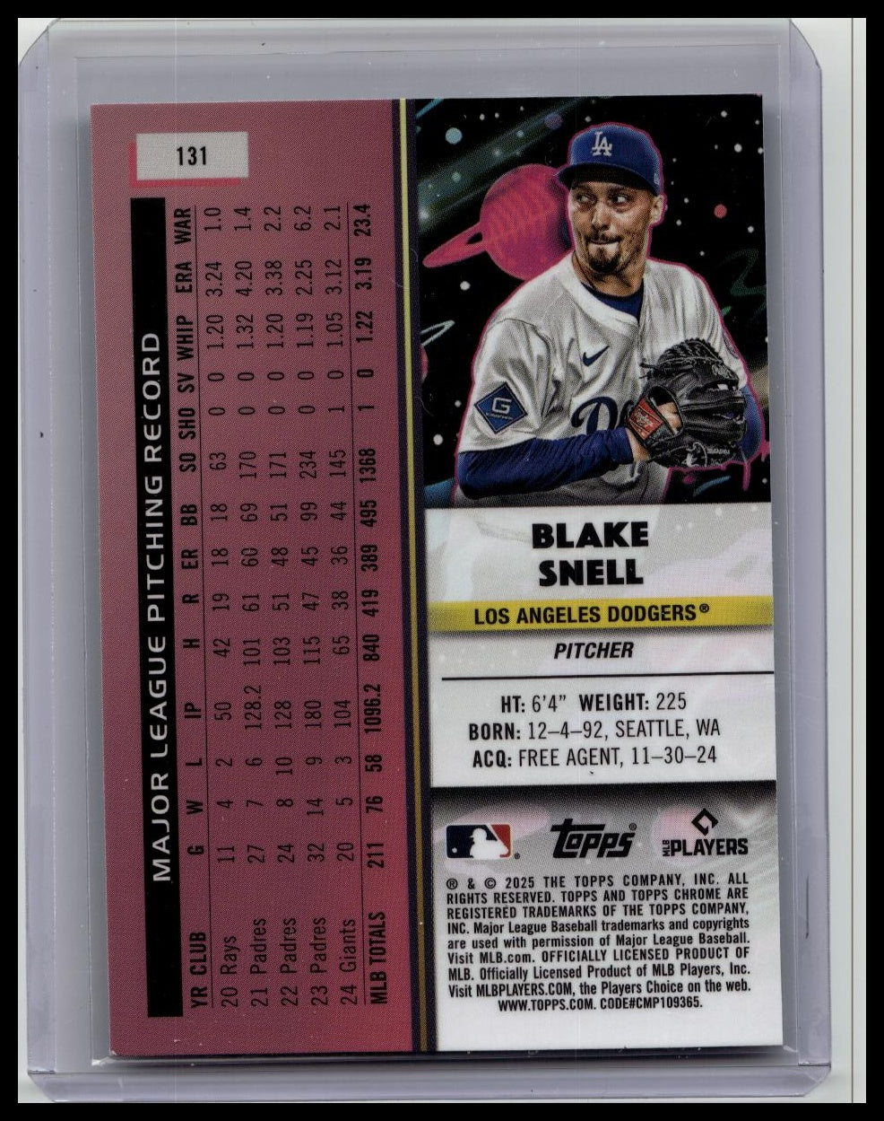 2025 Topps Chrome Cosmic Blake Snell Aqua /199 #131 Dodgers