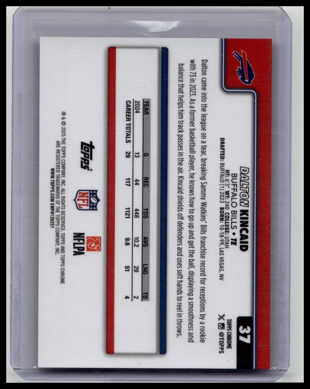 2025 Topps Chrome Football Dalton Kincaid Orange Lava /25 Bills