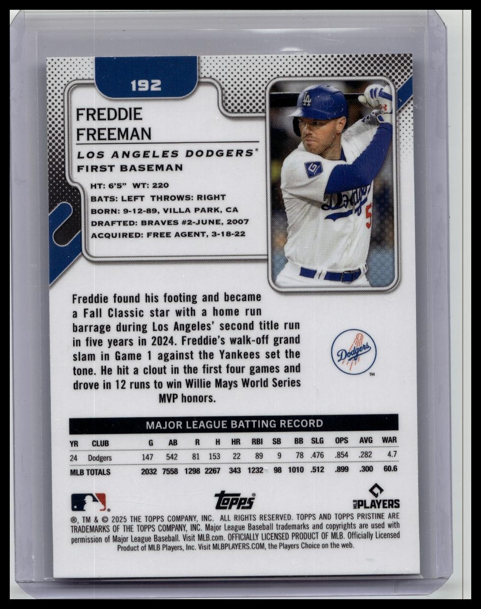 2025 Topps Pristine FREDDIE FREEMAN Blue Refractor #192 LA Dodgers /75