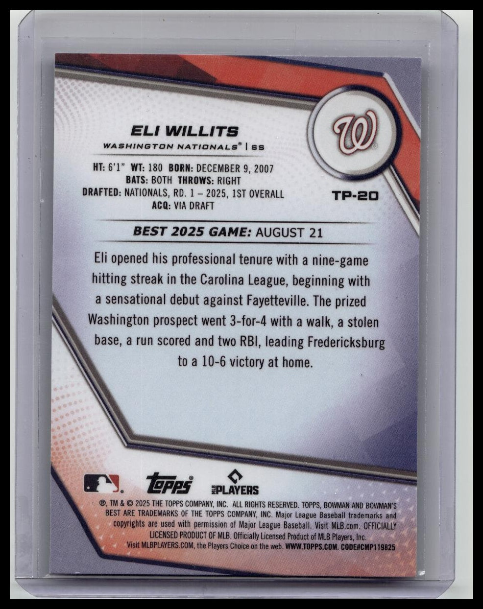 Eli Willits 2025 Bowman’s Best Purple Mojo Refractor 200/250 Nationals MLB