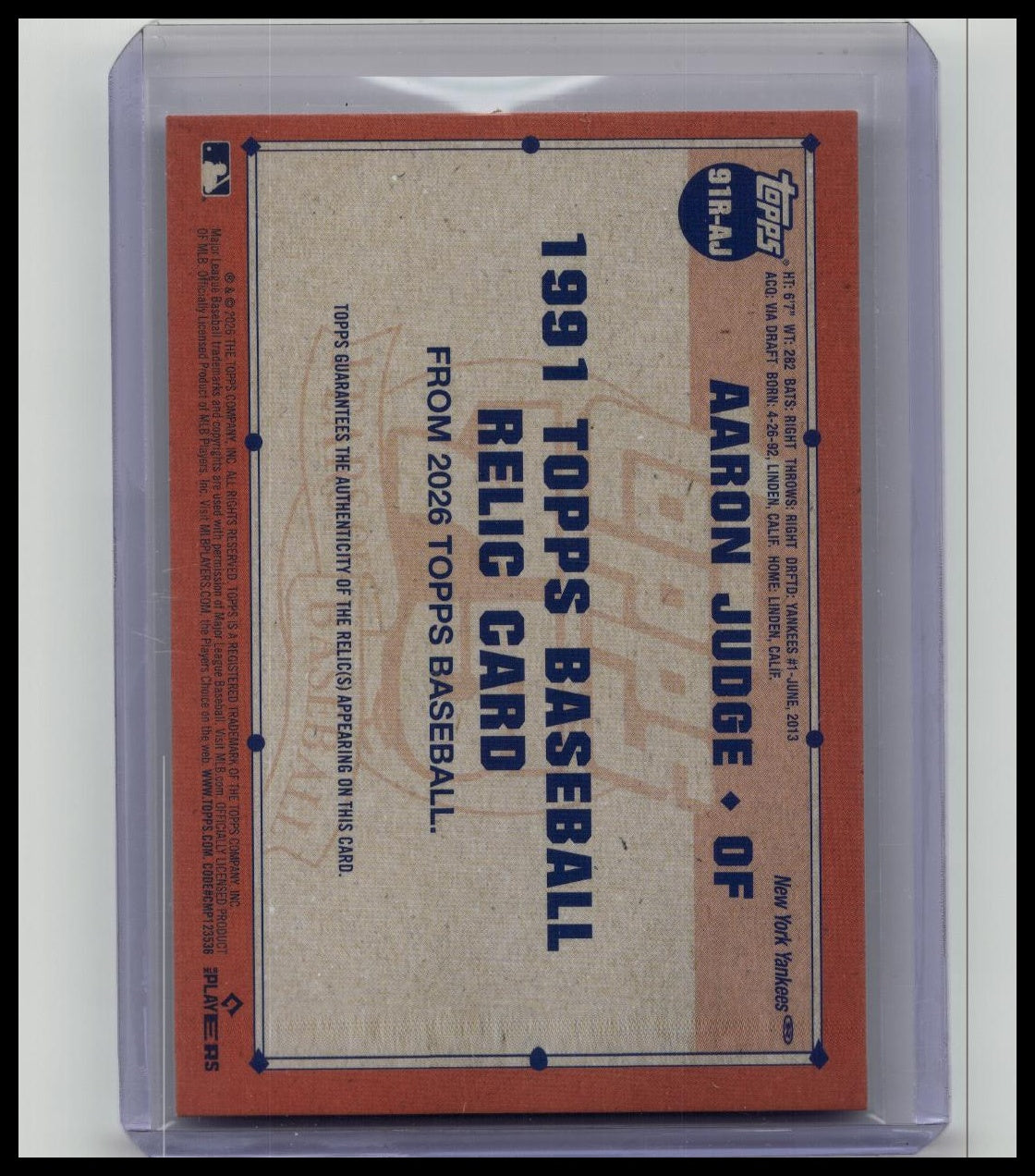 2026 Topps Series 1 Aaron Judge 1991 Bat Relic 75th Anniversary Bat Relic 91R-AJ