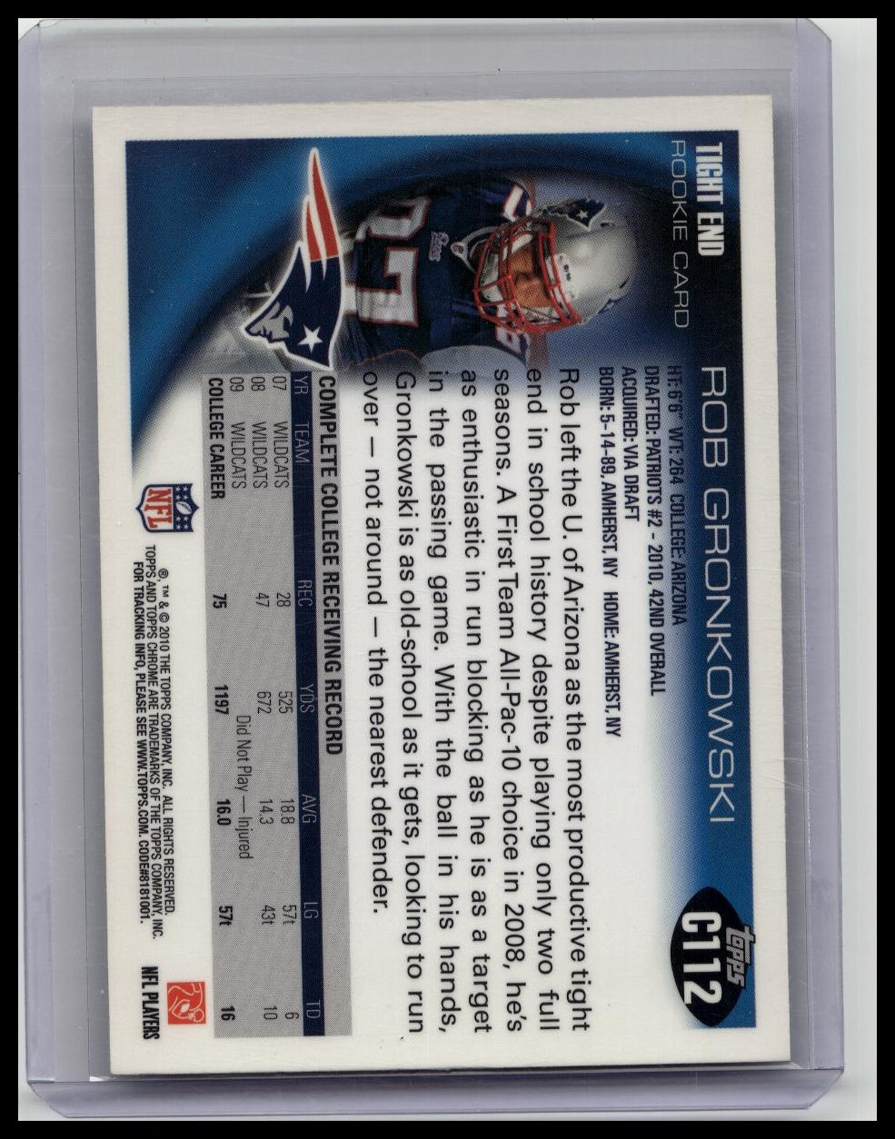 2010 Topps Chrome -Mint Rob Gronkowski #C112 Ball in Right Arm (RC)