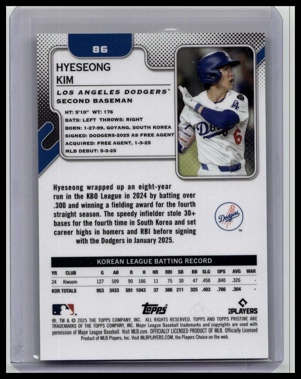 2025 Topps Pristine - Gold Refractors #/50 Hyeseong Kim #86 (RC)