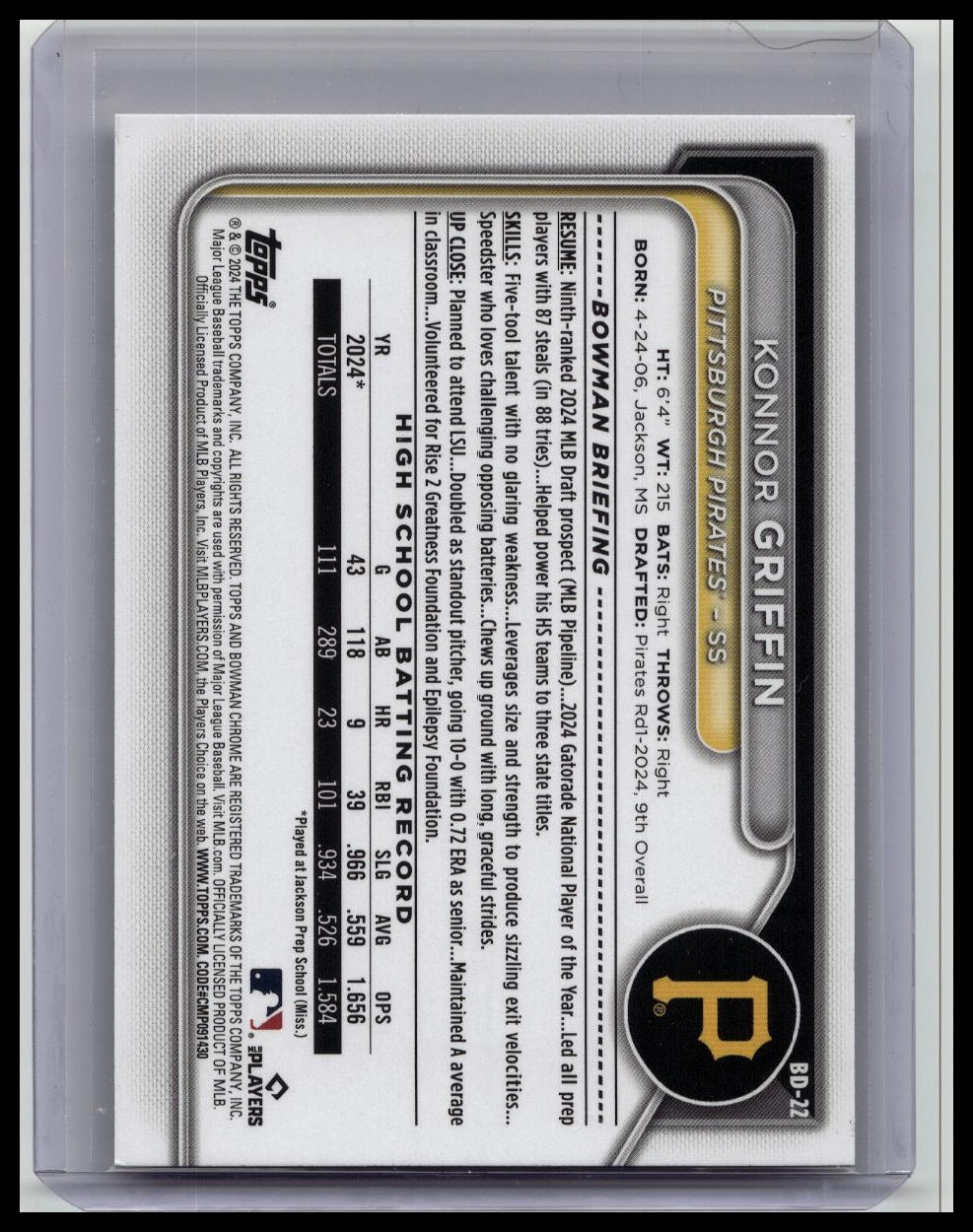 2024 Bowman Draft Konnor Griffin 1st Card #BD-22 Pirates ROOKIE RC