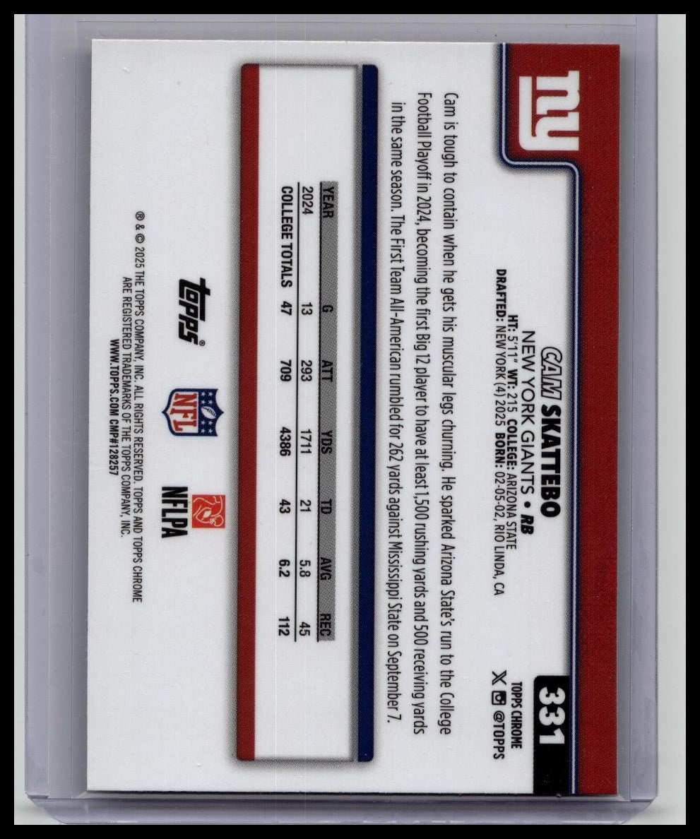2025 Topps Chrome #331 Cam Skattebo Red White and Blue Refractor