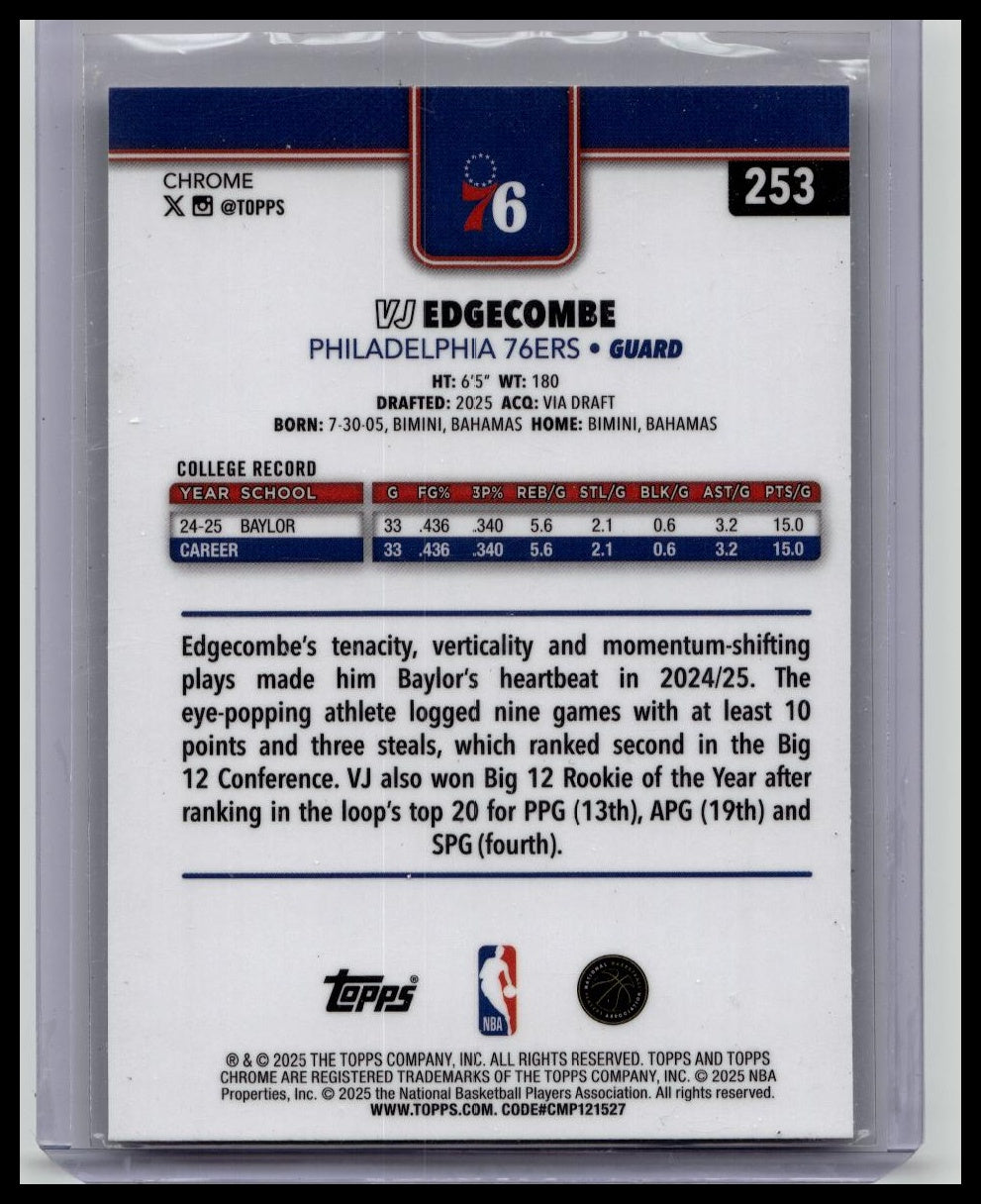 2025-26 Topps Chrome VJ Edgecombe Refractor Rookie Card 76ers True Silver RC