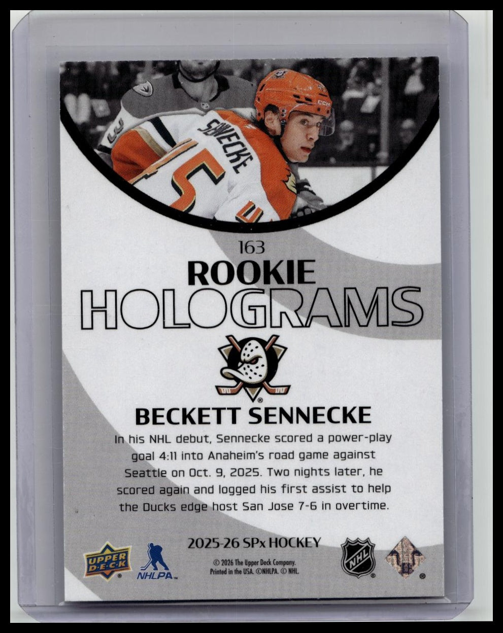 BECKETT SENNECKE 2025-26 SPX ANAHEIM DUCKS ROOKIE HOLOGRAMS CARD
